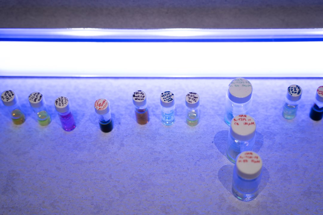 Twelve small vials containing differently colored pigment materials
