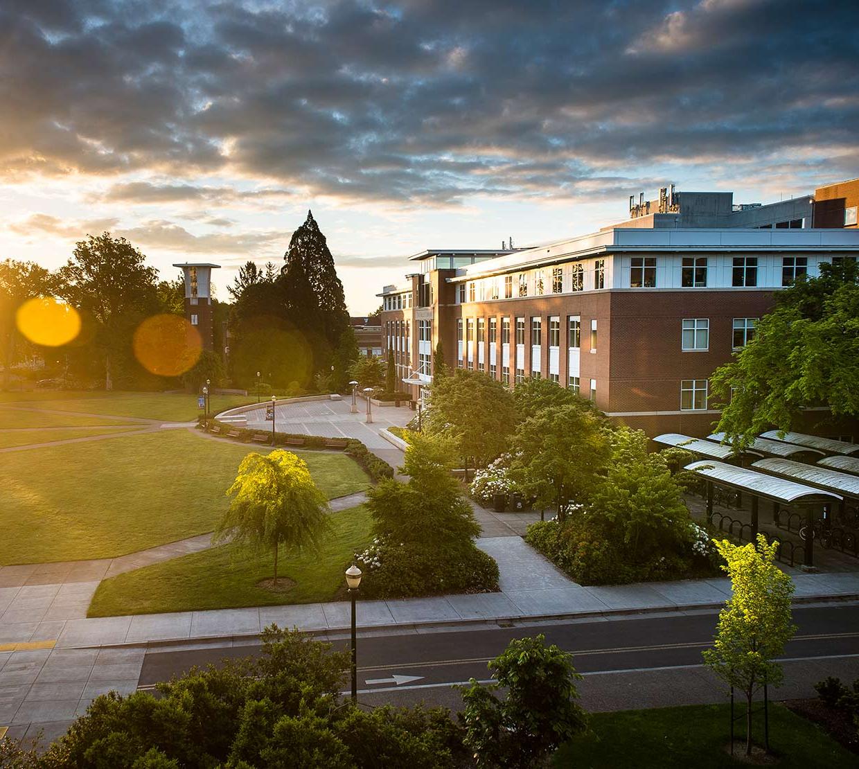arial shot of Valley Library at sunset