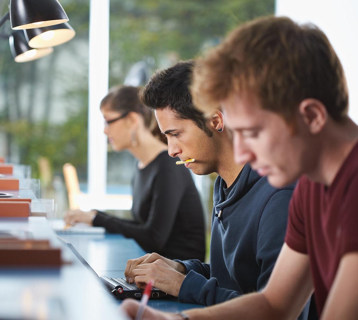 Row of students working on laptops in study room