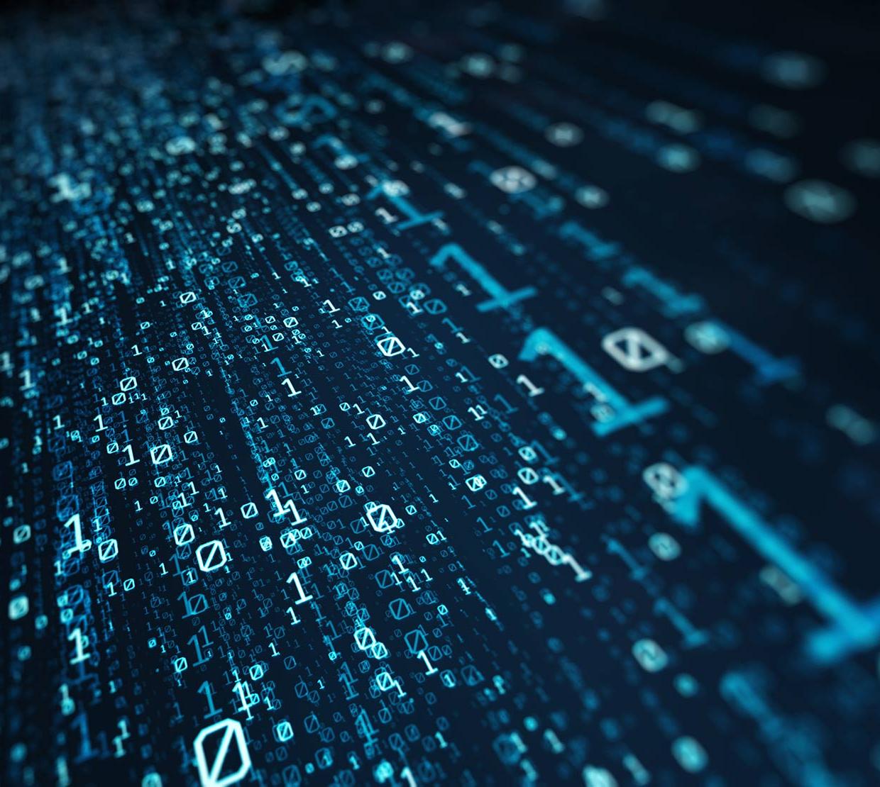 blue numbers and code loading on translucent screen with black backdrop