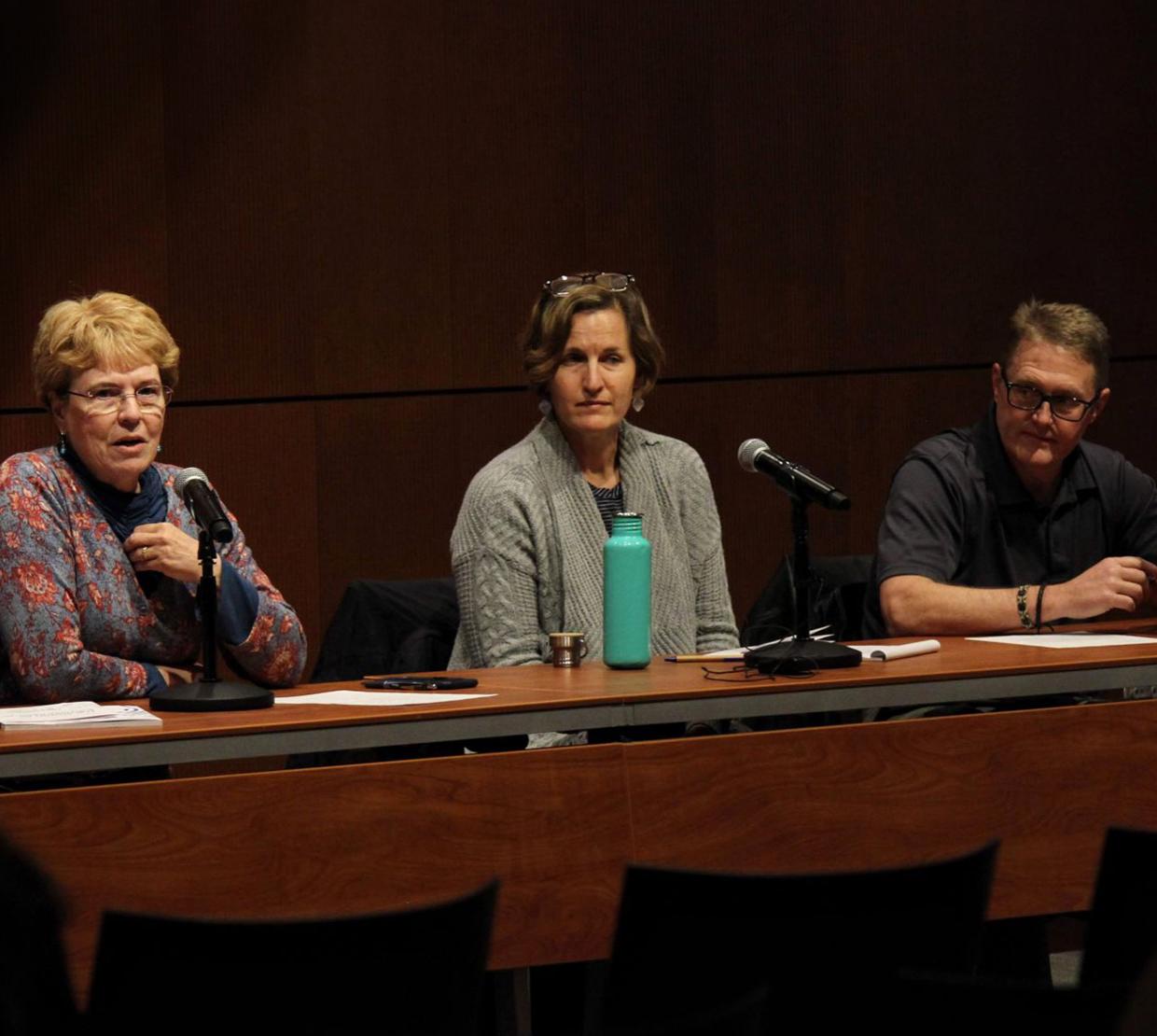 Jane, Karen, and Steve sitting at panel table speaking into microphones