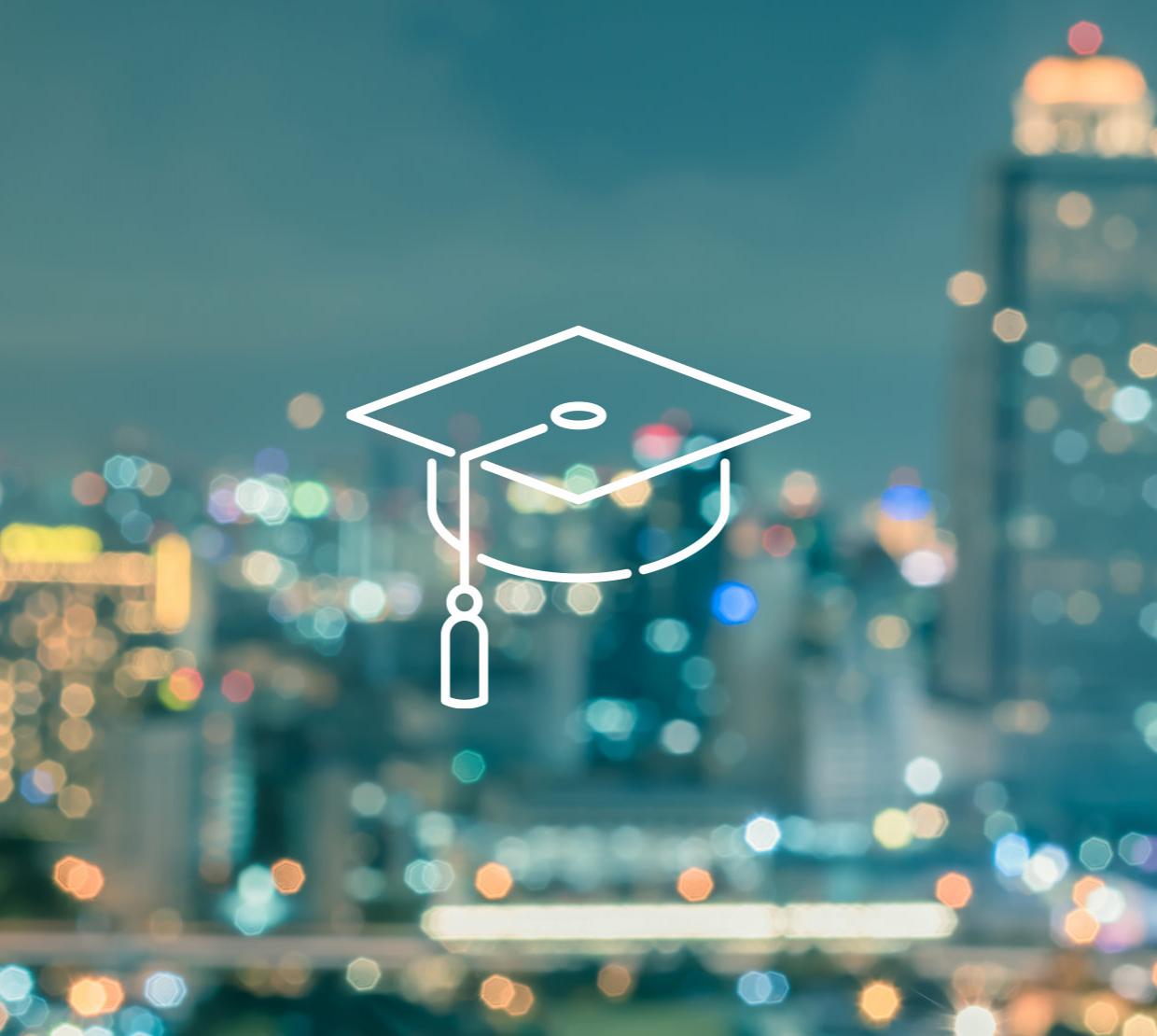 Graduation cap icon above cityscape texture