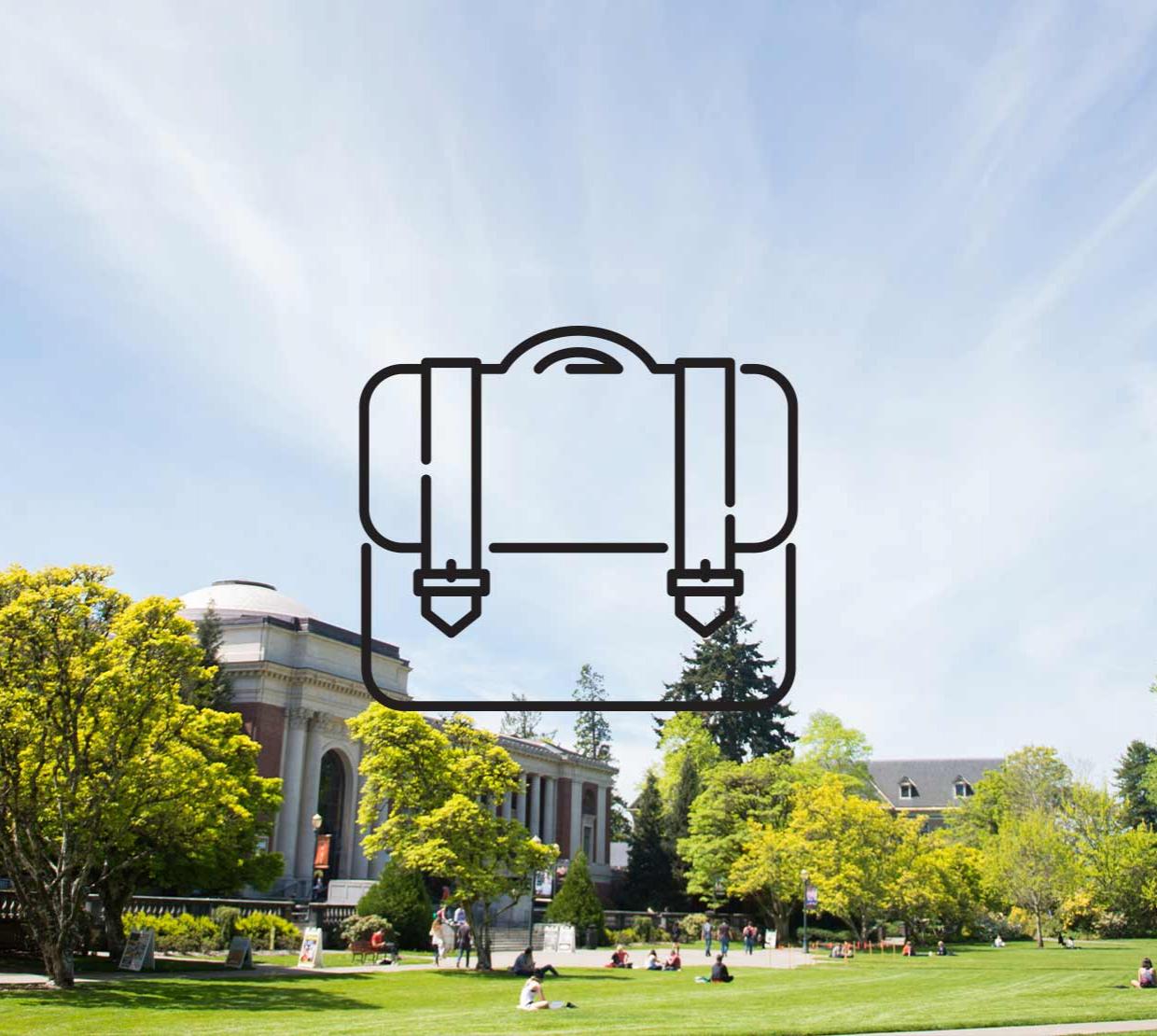 briefcase icon above image of the Memorial Union on a bright sunny day