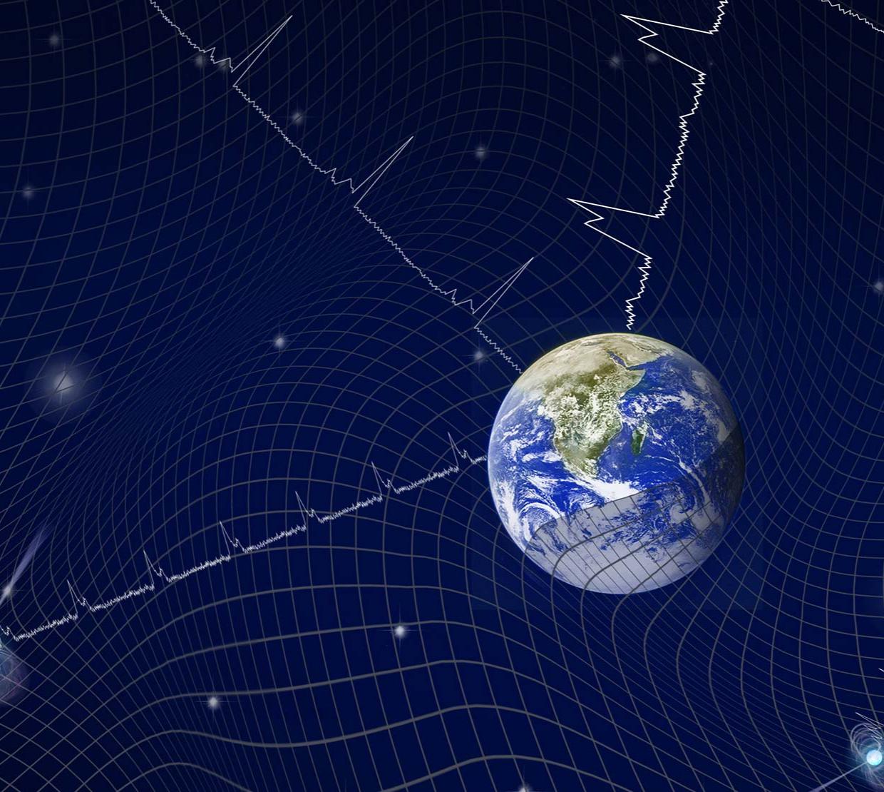 Graphic showing pulsar light traveling to Earth amid a sea of gravitational waves.