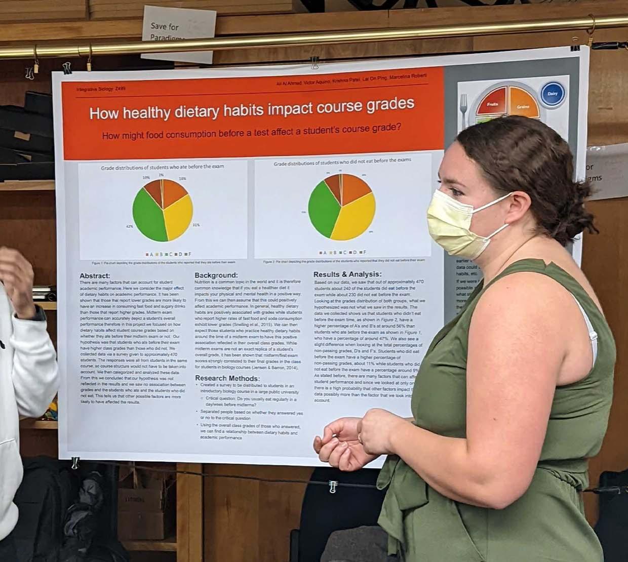 Student presents a poster on healthy dietary habits to attendees.
