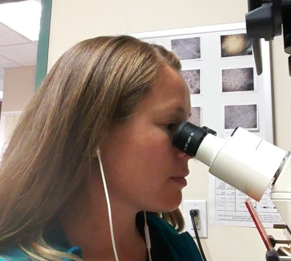 Micah Rogers analyzing samples beneath the microscope.