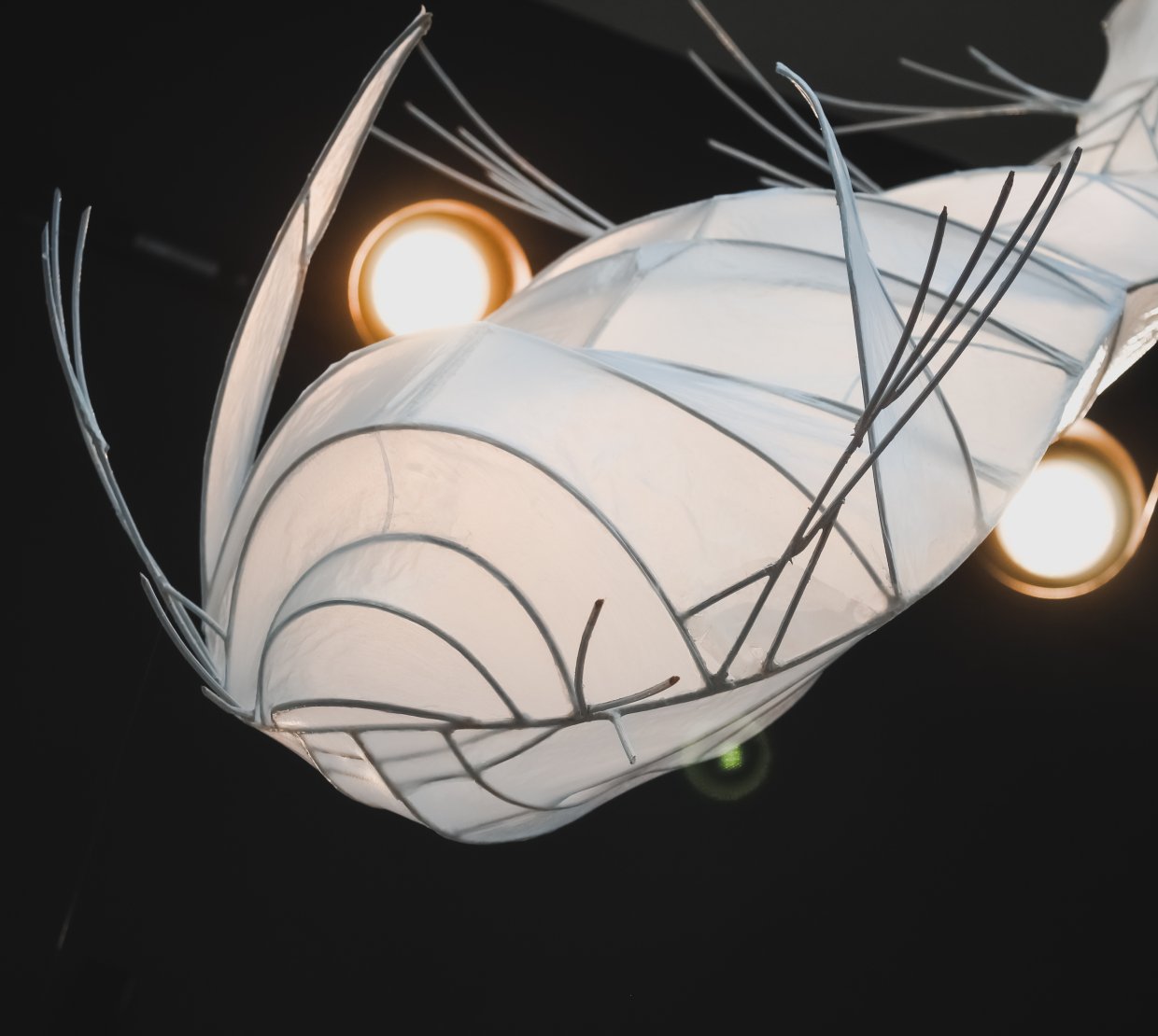 A paper sculpture of a fish parasite hangs from a ceiling.