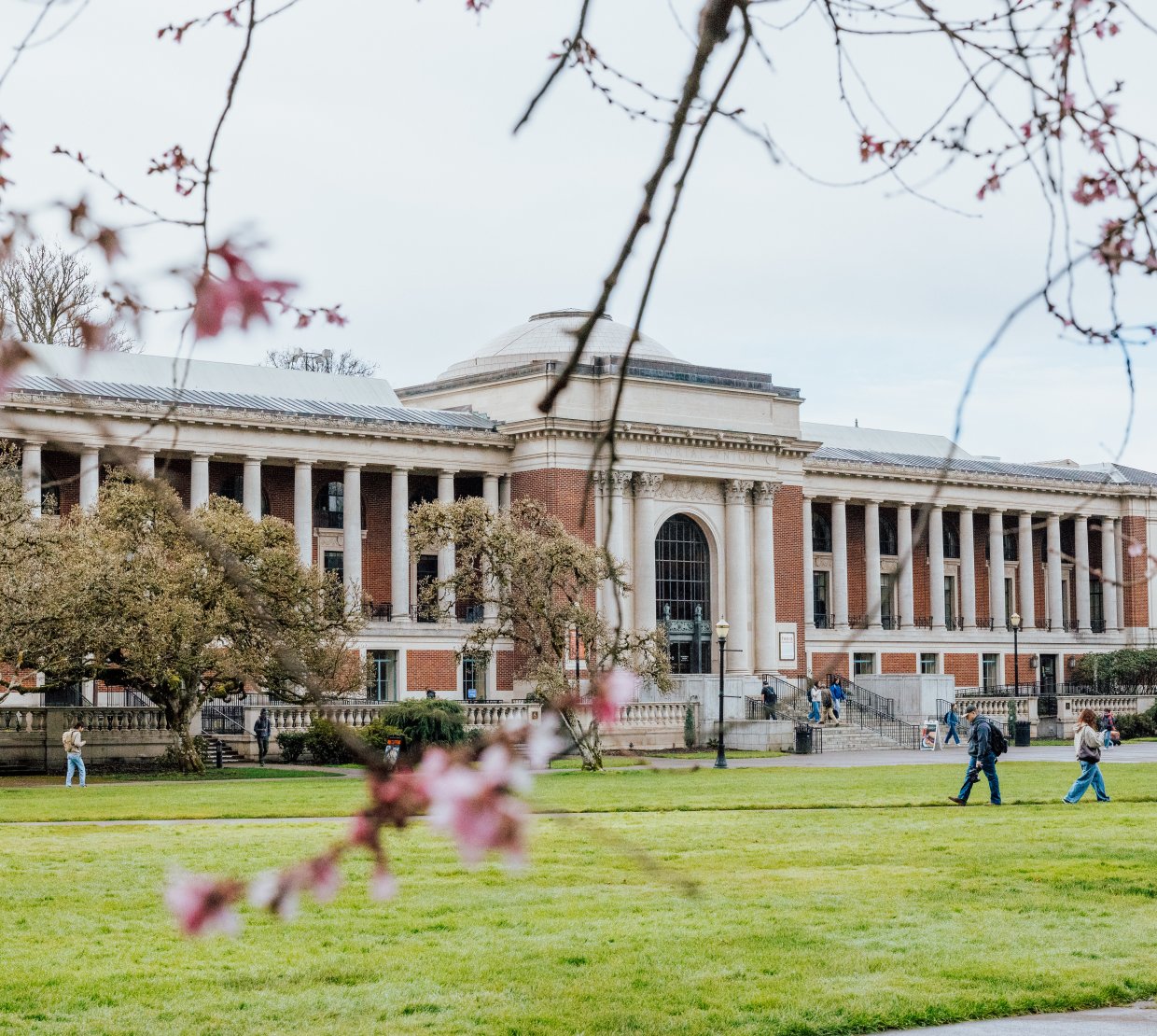 A general shot of memorial union on OSU campus with flowers.