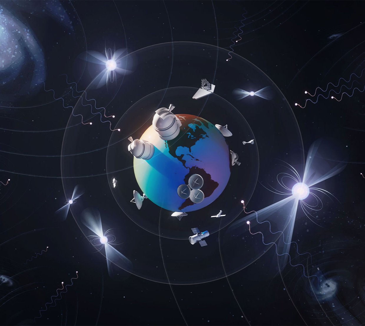 An illustration of cosmic objects and gravitational waves surrounding earth