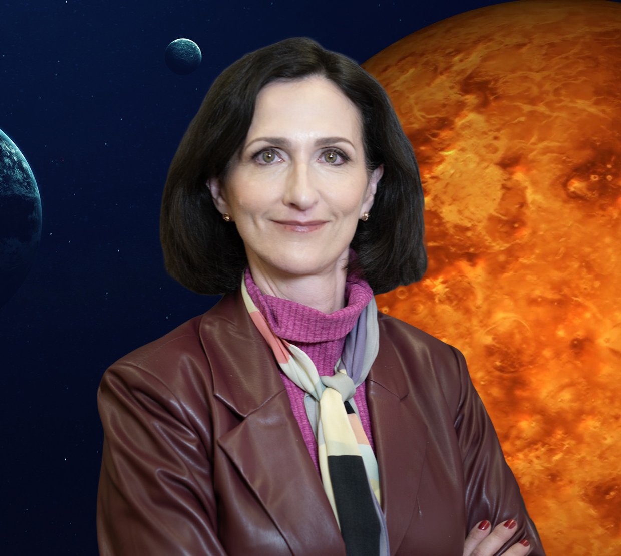Sara Seager in the foreground in a leather jacket and scarf. Behind her is a rendering of Venus and two small exoplanets.