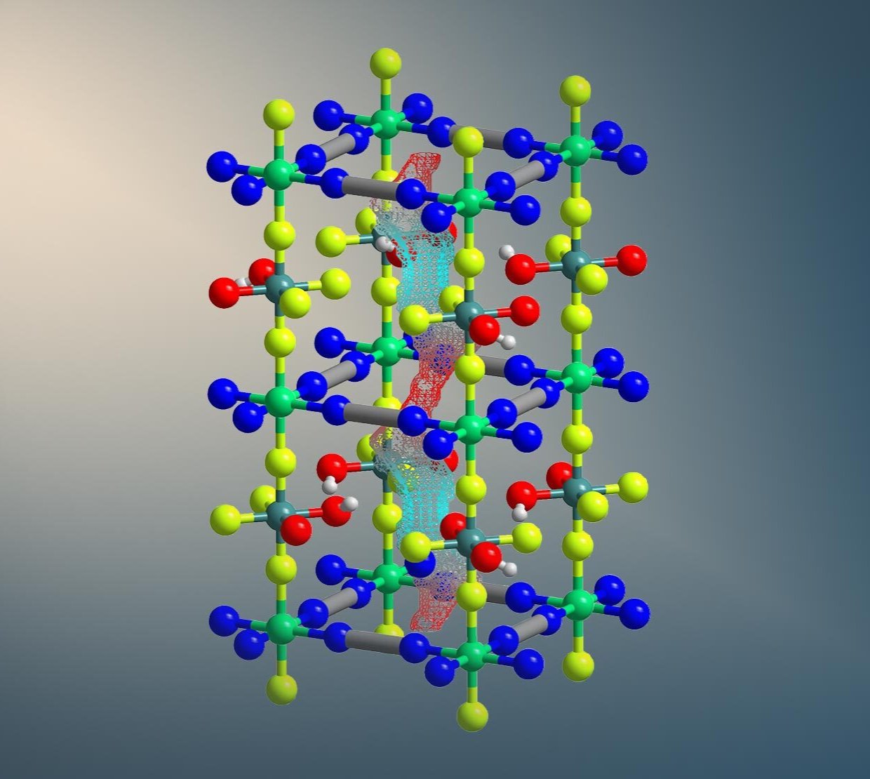 BVR-X is a new material with tiny pores that capture carbon dioxide. Inside the central pore, the red mesh marks regions where CO2 prefers to collect, while the blue mesh marks regions favored by water. These different preferred locations help the material continue capturing CO2 in humid conditions.