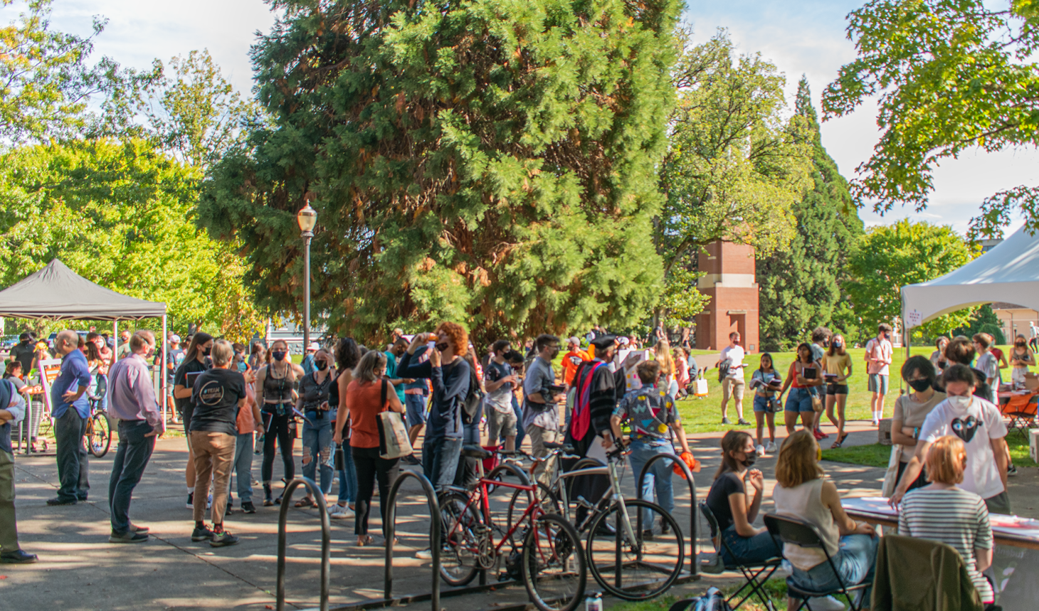 Group of students gathered on the quad outside Kidder Hall