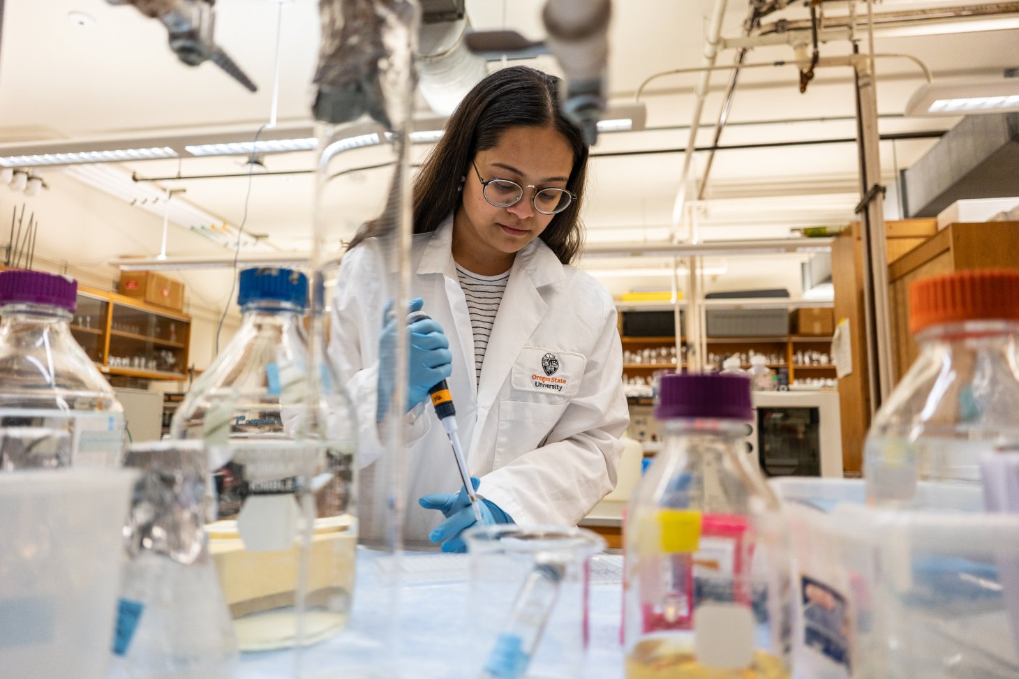 Vaishnavi Padaki works in the lab. In the foreground are many flasks, bottles and pieces of lab equipment. Beyond, she stands working with a pipette. She wears a lab coat, has long dark hair and glasses.