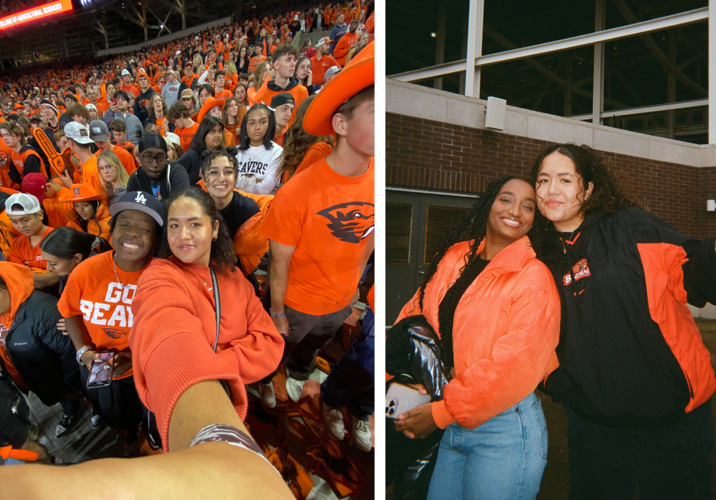 Ella Bailey wears orange Beaver gear with a group of friends inside the stadium (left) and outside the stadium (right).