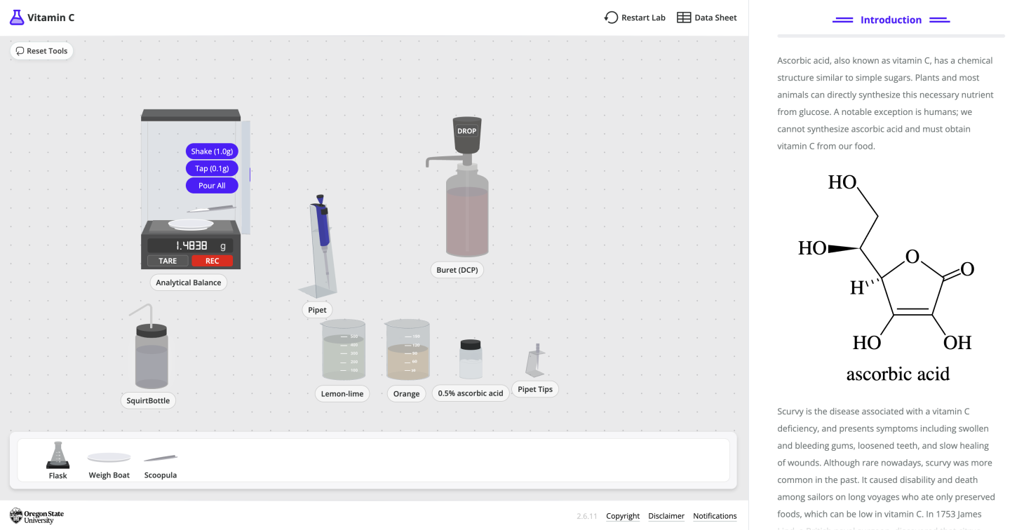 A screenshot of a virtual buret, pipet, analytical balance, squirt bottle, lemon-lime beaker, orange beaker, 0.5% absorbic acid and pipet tips.