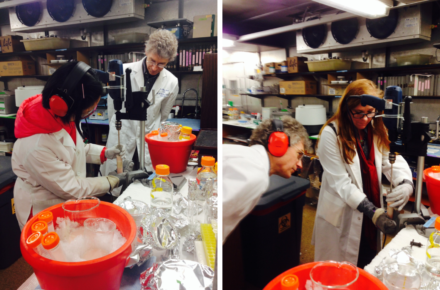 In two pictures side-by-side, three people, including Skach, wear labcoats and headphones in a lab with orange buckets full of ice, tubes, and beakers filling the room. One of the scientists is holding a tube to a long rod attached to a metal device.