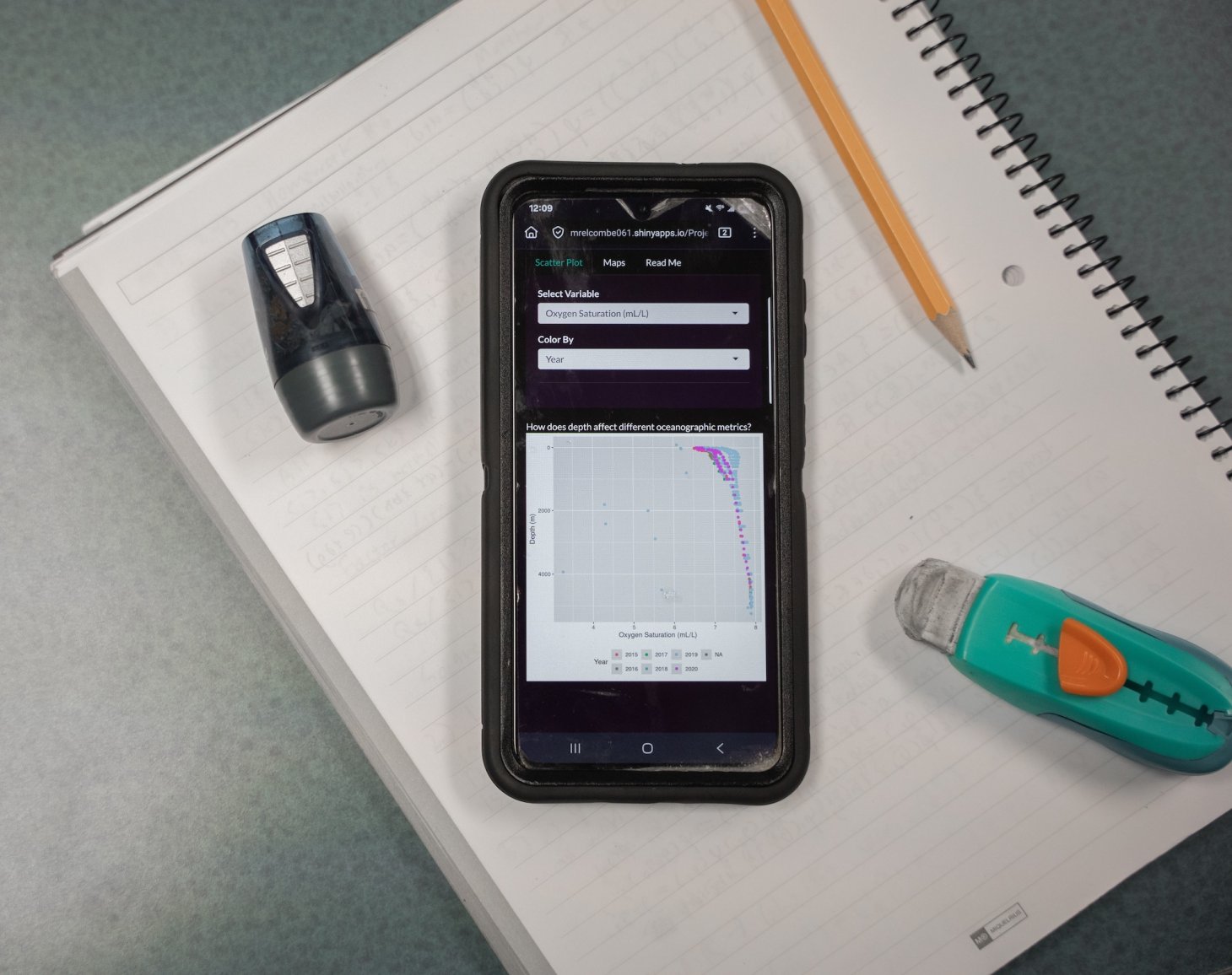 A data science major's phone, on top of a spiral notebook and pencil, displays a data points on a graph as part of a research project.