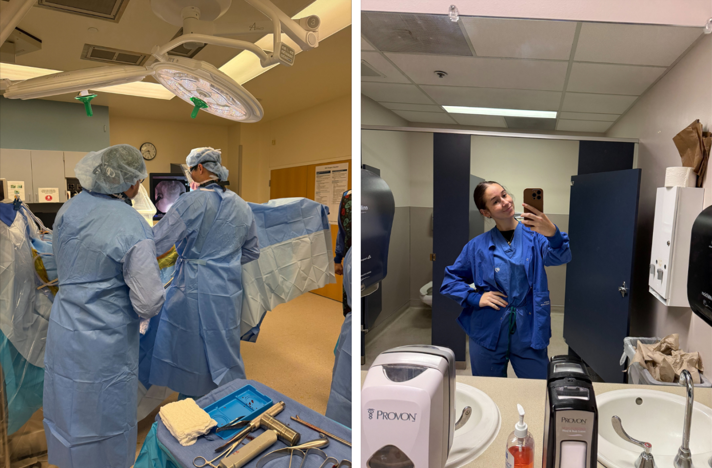 A team of medical professionals (left) conduct surgery in the operating room. Kennedy Duff (right) takes a mirror selfie wearing blue scrubs.