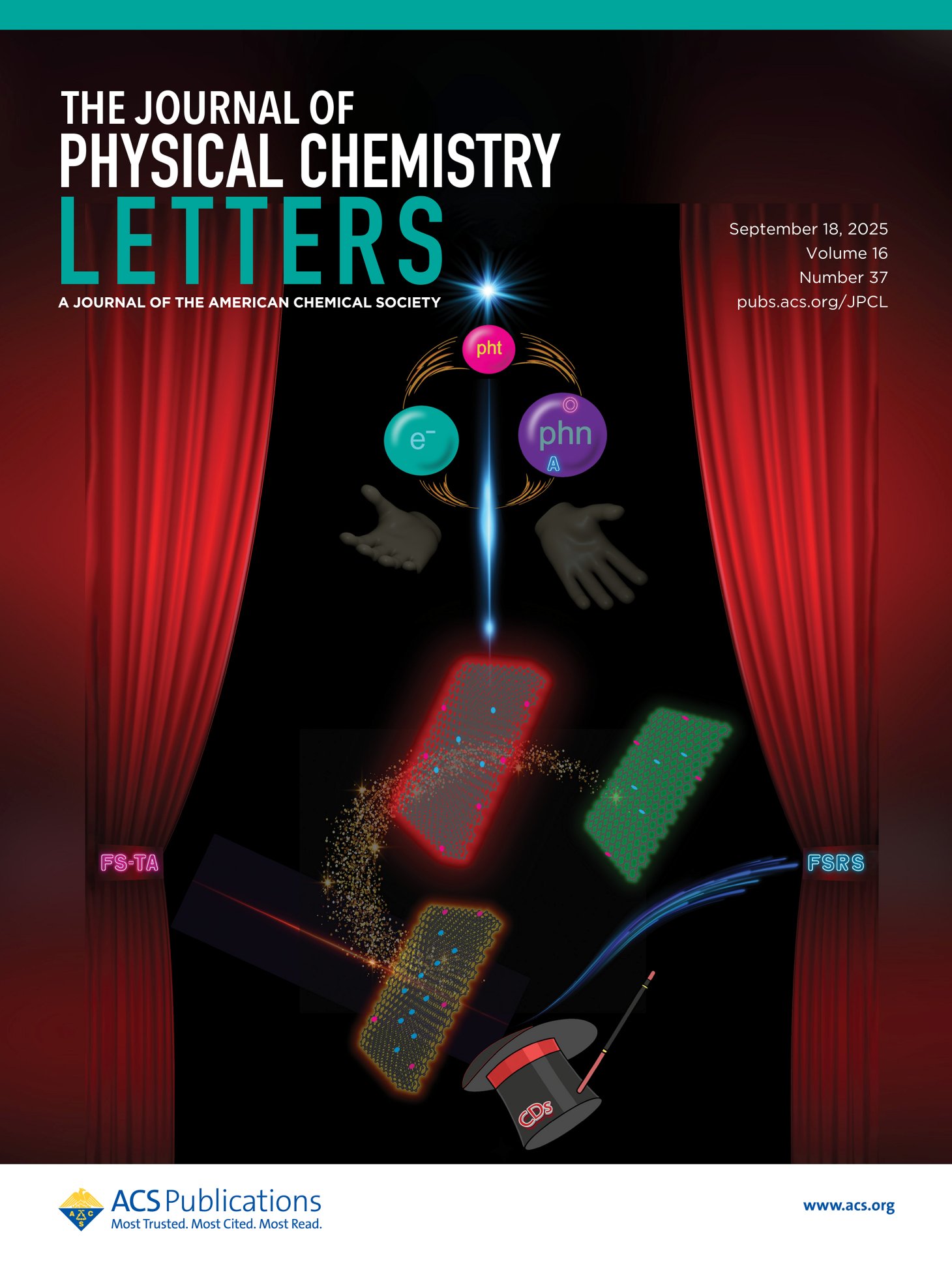 A journal cover with red curtains and science elements.