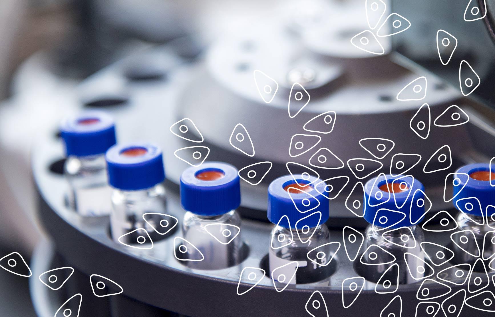 cell icons above test tubes in lab
