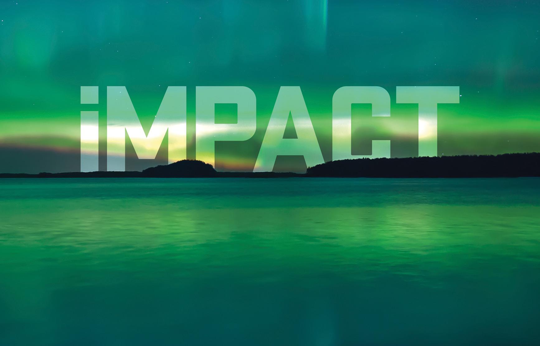 IMPACT title peering over hills looking over lake and northern lights