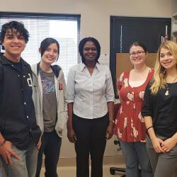 Image of Afua Nyarko's lab, featuring Diego Rodriguez, Kathy Kwok, Afua Nyarko, Kasie Baker and Amber Vogel