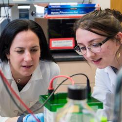 Maria Franco and Lydia Bastian working in the biochemistry and biophysics lab.