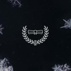 A laurel leaf icon with a scroll, surrounded by a border of snowflakes.