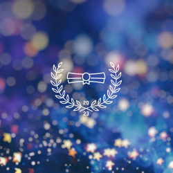 A scroll sits above a wreath on a blue background with glitter.