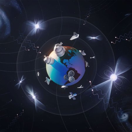 An illustration of cosmic objects and gravitational waves surrounding earth