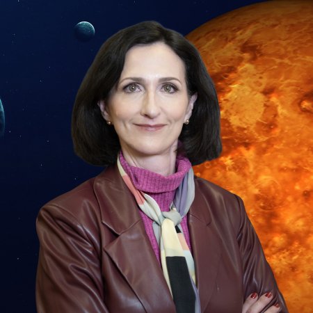 Sara Seager in the foreground in a leather jacket and scarf. Behind her is a rendering of Venus and two small exoplanets.