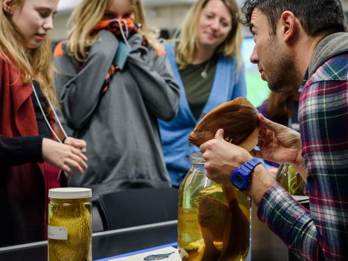 A scientist showing young students specimens during an outreach event