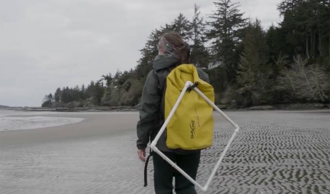 marine researcher walking on cloudy beach carrying hiking and research gear