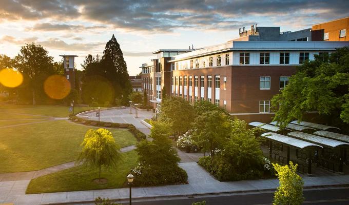 arial shot of Valley Library at sunset