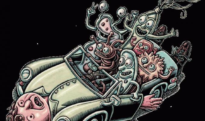 Lisa Haney painting of bacteria characters driving human car