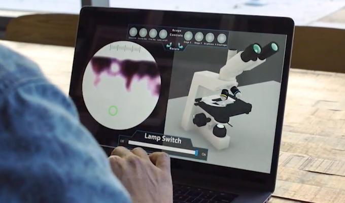 student using 3d virtual microscope o their laptop in coffee shop