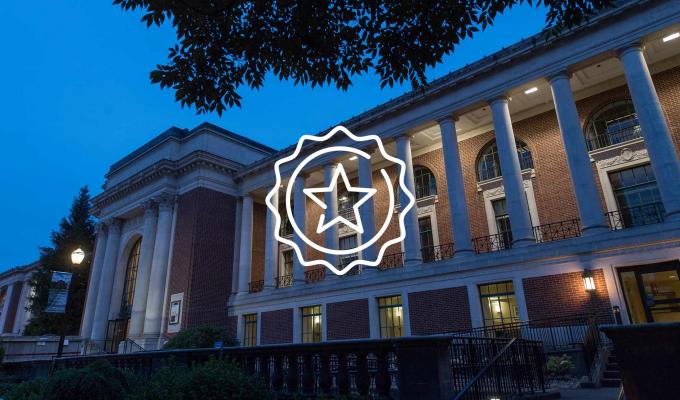 star icon above image of the Memorial Union at night
