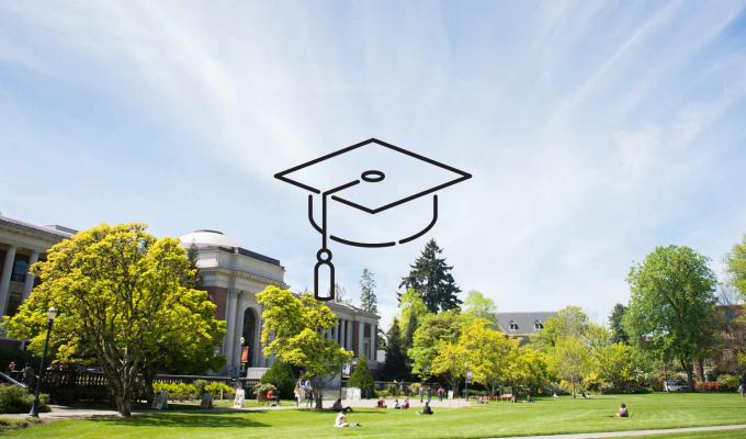Graduation cap icon above image of the Memorial Union on a bright sunny day