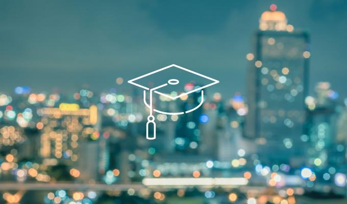 Graduation cap icon above cityscape texture