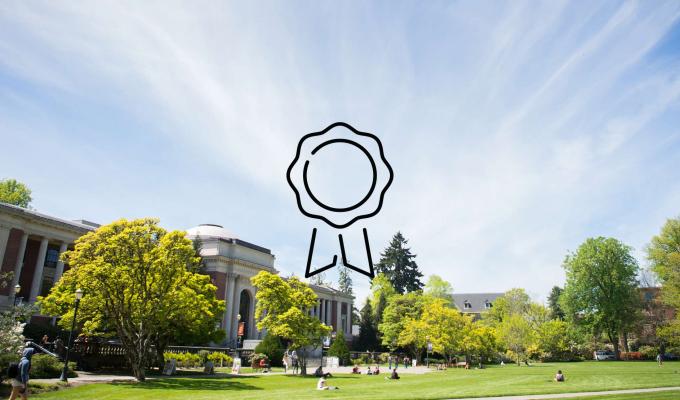 Ribbon icon above image of Memorial Union on a bright sunny day