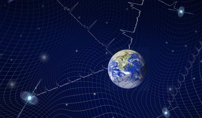 Graphic showing pulsar light traveling to Earth amid a sea of gravitational waves.