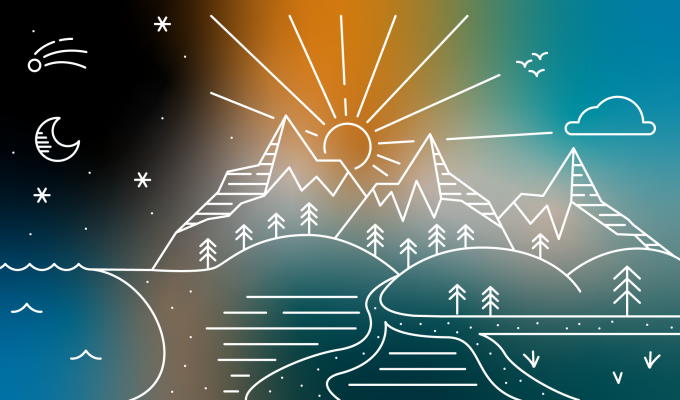 Landscape graphic of a sea at night next to a mountain range at sunrise with paths leading towards a hue blue sky.