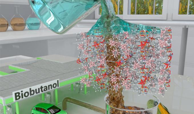 A diagram of biobutanol pouring over a fake, plastic chemistry molecule.