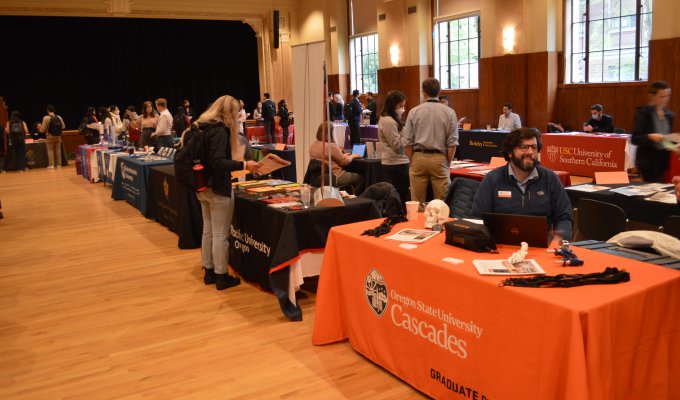 A collection of booths at the 2022 Health Professions Fair looking to connect students to medical schools.