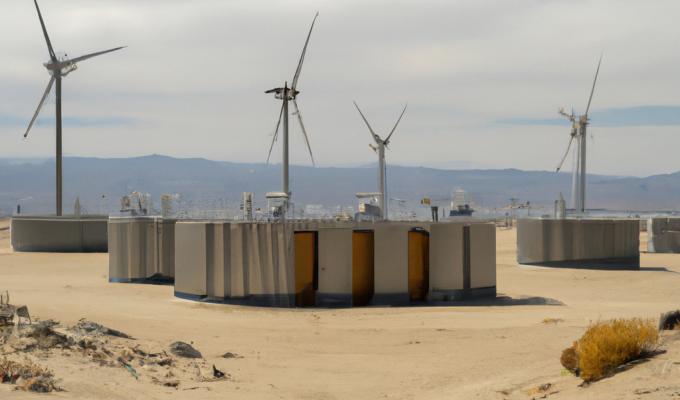 Large windmills stand above a sandy terrain as part of wind energy generation.
