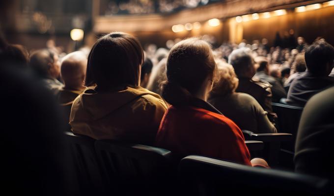 Audience members shown from the back, watching on in a large auditorium. 
