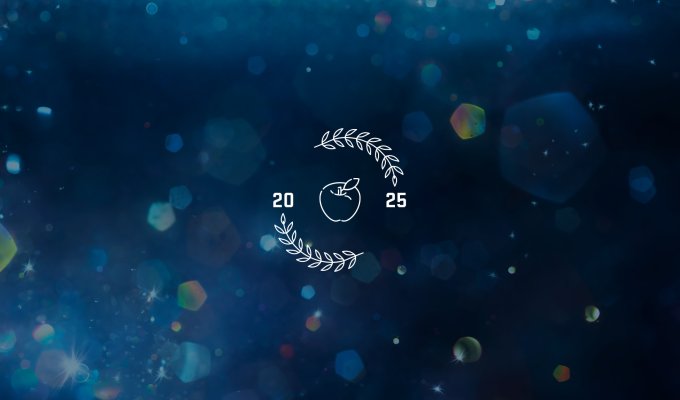 On a blue background sits an image of an apple and the year 2025