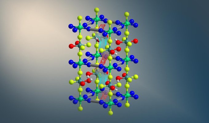 BVR-X is a new material with tiny pores that capture carbon dioxide. Inside the central pore, the red mesh marks regions where CO2 prefers to collect, while the blue mesh marks regions favored by water. These different preferred locations help the material continue capturing CO2 in humid conditions.