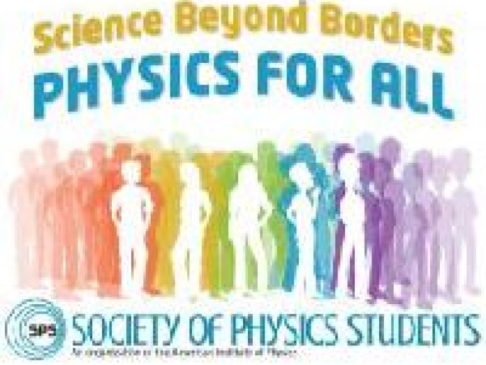 Two rows or words at the top. Rainbow of people outlines in the center. Society of Physics Students on the bottom