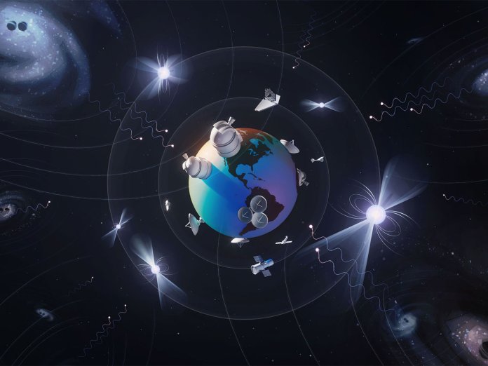 An illustration of cosmic objects and gravitational waves surrounding earth